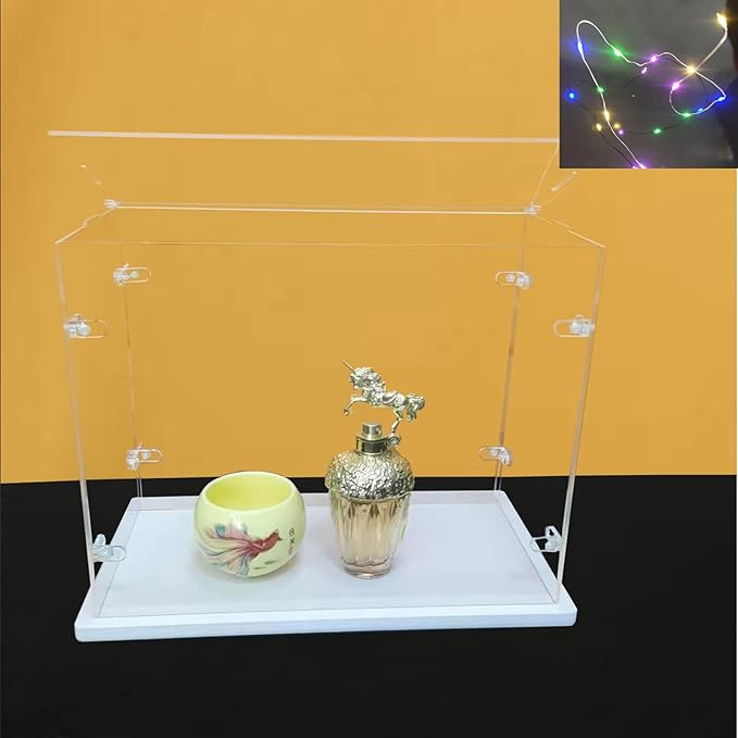 Clear Acrylic Display Cabinet Assembly, Thickened Base, top openable Door, Sturdy L-Shaped Buckle, dust Protection Cabinet for Action Doll Toy Collectibles (White, 35x20x30cm/14x8x12in)