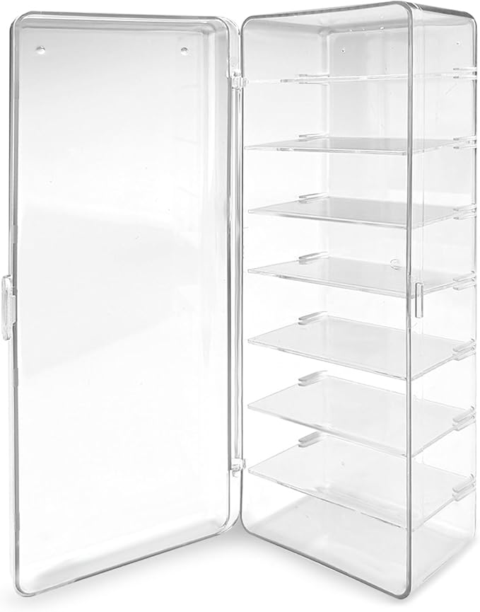 Huakaile Acrylic Clear Action Figure Display Case, 10.4'' x 3.8''/26.5 x 9.7 CM Display Case for Collectibles 8 Tier Movable Shelf Mini Storage Blind Box Cabinet Organizer Miniature Doll Showcase