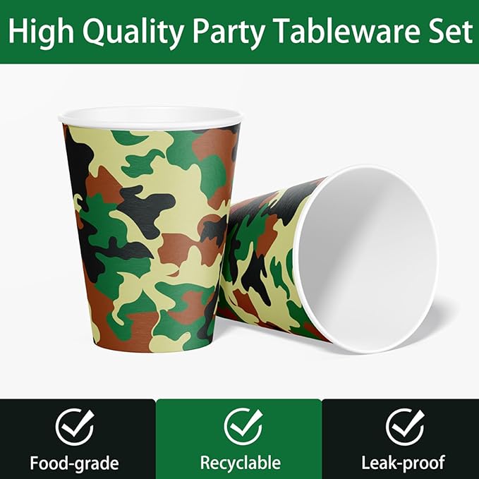 206pcs Camo Party Decorations Paper Plates Napkins Camouflage Tableware Set Disposable Cups Forks Knives Spoons with Camo Tablecloth Banner for Boy Camouflage Hunting Military Birthday Party Supplies