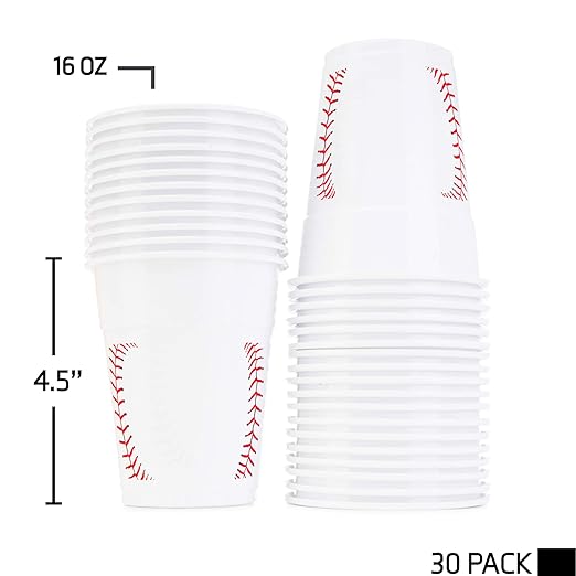 Neliblu Baseball-Themed 16 oz Plastic Cups, Pack of 30, Suitable for Birthday Party Supplies and Game Day