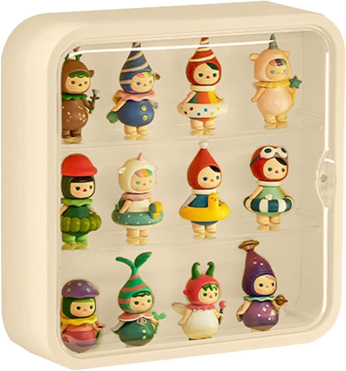 Clear Display Case for Figures, Wall-Mounted Doll Storage Box, Adjustable Display Stand with Door Dust and Moisture Proof Suitable for Lego Collectibles Action Figures Pop Mart (Cream)