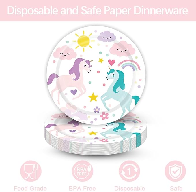 Unicorn Themed Party Decorations Supplies Rainbow Unicorn Themed Party Tableware Set Include Plates, Cups, Napkins,Cutlery and Straw for Baby Shower, Birthday Party Decorations Serves 24