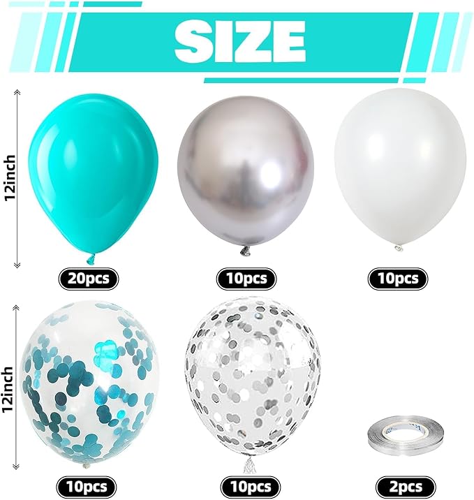 Teal Blue and Silver Balloons, 60 Packs 12Inch Teal and Metallic Silver Balloons, Teal Blue White Silver Confetti Balloon with Ribbons for Wedding Baby Bridal Baby Shower Birthday Party Decoration