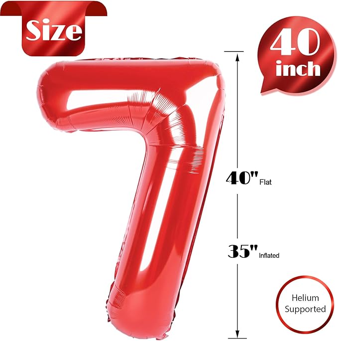 Red 7 Balloon, Number Balloon 40 Inch for Red Party Decorations, 7th Number, Red Seven Birthday Decorations, Number 7