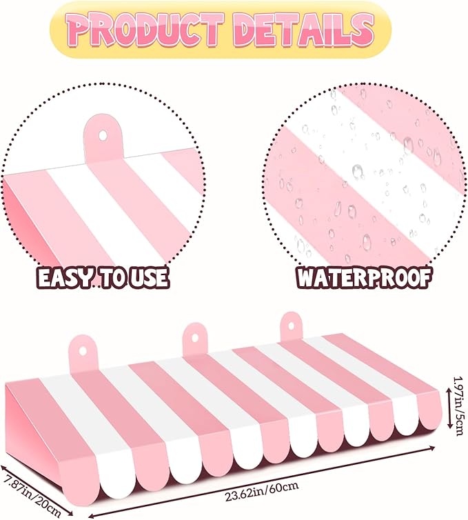 2 Pcs Circus Awning Wall Decorations 3D Carnival Striped Awnings for Carnival Theme Party Ice Cream Station Classroom Decoration Circus Party Supplies (Pink and White)