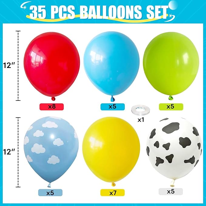 Toy Inspired Story Balloons, 12 Inch Cow Print Sky Blue Cloud Balloons Red Blue Yellow Green Balloons for Kids Boys Birthday Party Farm Themed Halloween Party Decorations