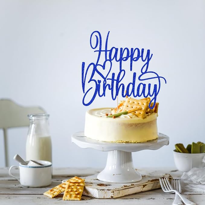 Handmade Glitter Happy Birthday Cake Topper- Happy Birthday Cake Decor,Fabulous Cake Decoration，Anniversary/Birthday Party Decoration Supplies (Dark blue)
