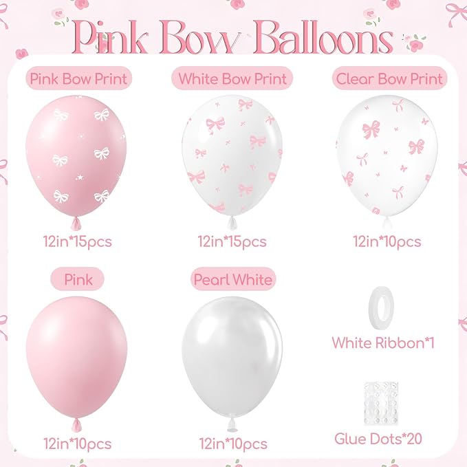 60pcs Pink Bow Balloons 12inch with Pink White Clear Bow Balloons for Pink Coquette Wedding Baby Shower Birthday Party Decorations