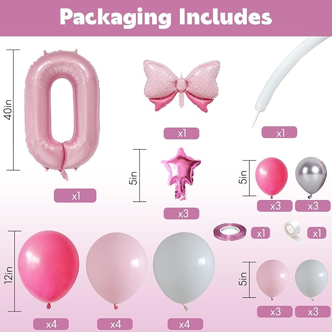 40 Inch Pink Number 0 Balloon Pastel Pink White Number Zero Foil Balloon Tower for 10th 20th 30th 40th 50th 60th 70th Birthday Party Decorations Large Digit Balloons Stack for Baby Girls Women