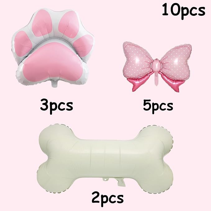 10 Pieces Dog Balloons Set Include 2Bone Foil 3 Dog Paw Balloons and 5 Mini Bow Birthday Party Decorations
