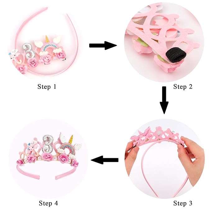 SuPoo 3rd Birthday Headband Flower Crown for Girls Princess Tiara Decorations Hair Band Cute 3 Year Old Party Accessory