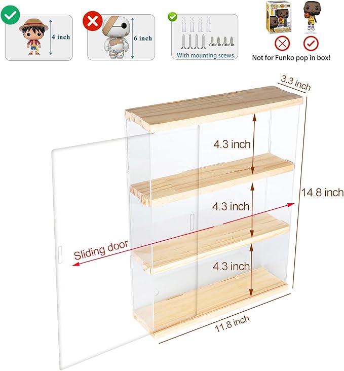 DuvinDD Acrylic Display Case Clear Figure Display Case Lego Display Shelves with Sliding Door, Wall Mounted Dustproof Trinket Shelf for Miniature Hot Wheels for Home Bedroom Decor(11.8x3.3x14.8inch)
