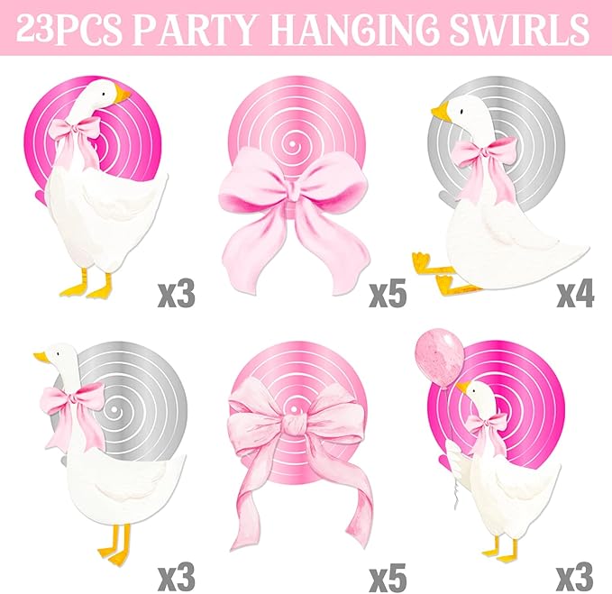 Pink Bow Silly Goose Hanging Swirls Goose Birthday Party Decorations 23Pcs One Silly Goose Hanging Streamers Farm Silly Goose Ceiling Decor for Geese Theme Girls Baby Shower Supplies