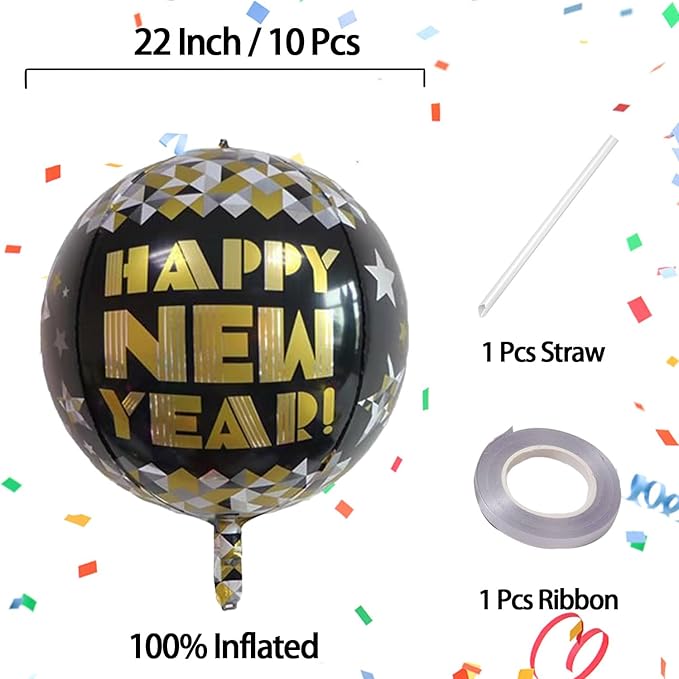 KALOR 22 Inch Happy New Year Mylar Balloons, 10 Pcs Large 4D Giant Round Foil Balloon Metallic Balloons for Happy New Year Decorations 2024