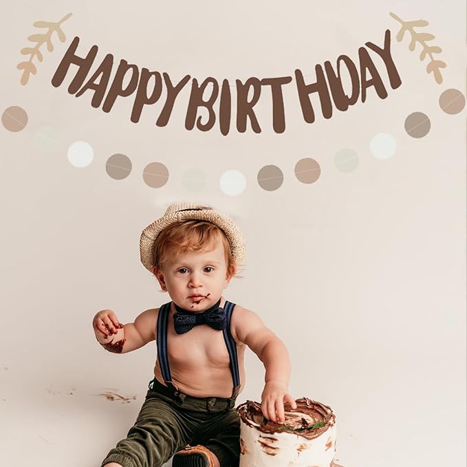 Zwiebeco Coffee Brown Happy Birthday Party Decoration Banner Apricot Leaf Morandi Color Circle Dot Hanging Paper Bunting Sign for Kids Adults Retro Theme Accessories Supplies