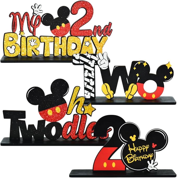 TONIFUL Red Mouse 2nd Birthday Party Supplies 2nd Table Centerpieces - Red Mouse Theme Design and Sturdy Wooden for Two Years Old Birthday Party Favors 2nd Birthday Decorations (4 Pcs)