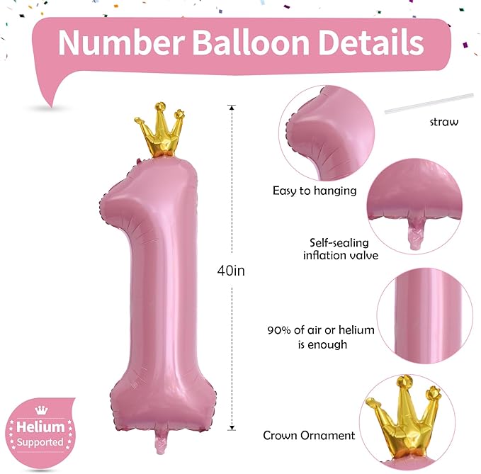 Crown Pink Number 1 Balloon for Girls 1st Birthday Party, 40 Inch Large Number Foil Helium Pastel Pink Balloons 0-9, for Women 10th Birthday Party Baby Shower Anniversary Party Decoration Supplies