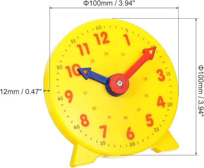 PATIKIL 4 inch Teaching Clock, Learn Clock Learning Tell Time Analog Clock Demonstration Clock 24 Hour 2 Pointers for Classroom Teacher, Yellow