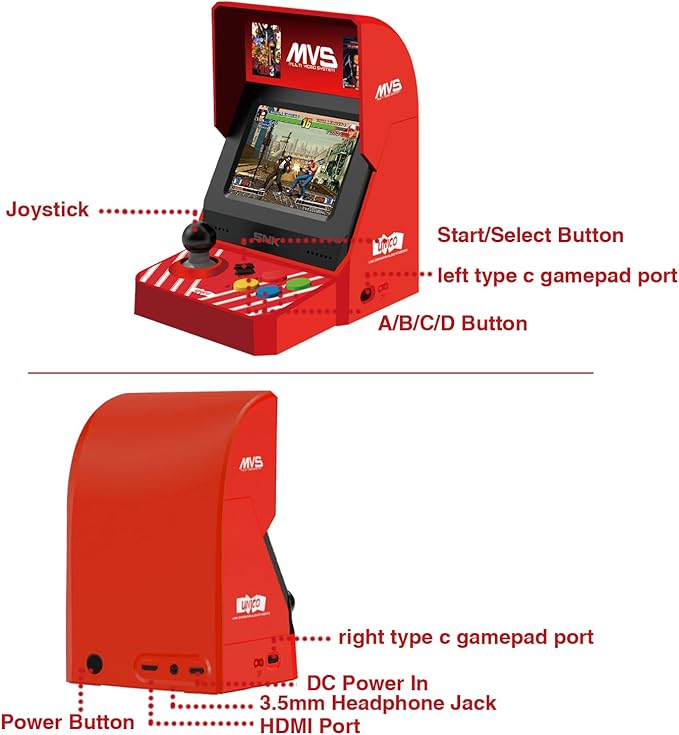 UNICO MVS Mini Arcade and 2 Red Gamepads Combo, Including Pre-Loaded 45 SNK Retro Games