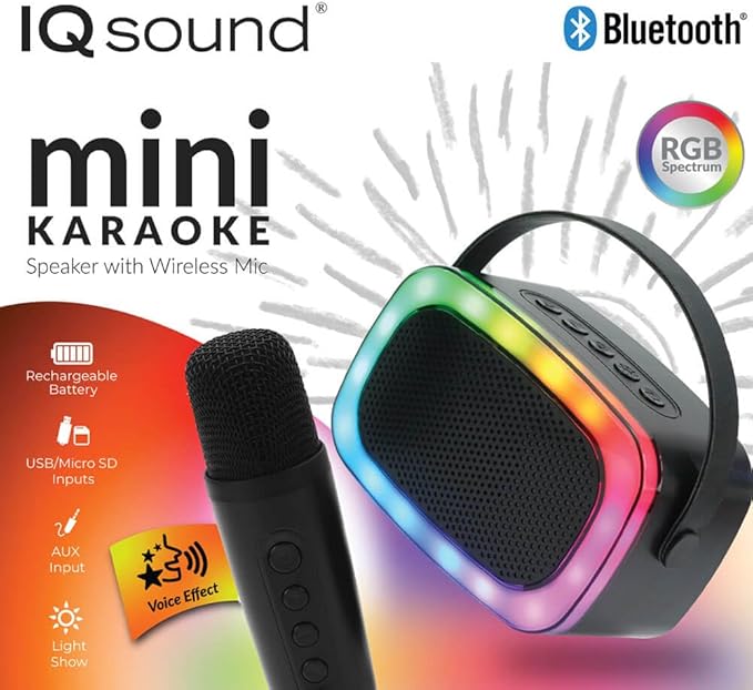 IQ Sound IQ-908K Mini Karaoke Bluetooth Speaker with Wireless Microphone, RGB Lights Surround, Fun Voice Changing in Rechargeable Compact, and Portable Design Ideal Gifts for Kids and Adults (Black)