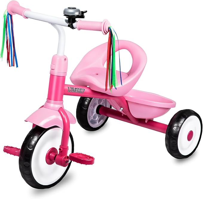 Liberry Toddler Tricycle Age 2 3 4 Years Old, Kids Trike with Bell, Back Basket and Removable Pedal, 3 Wheel Bike Birthday Toys Gift for Girls Boys, Pink