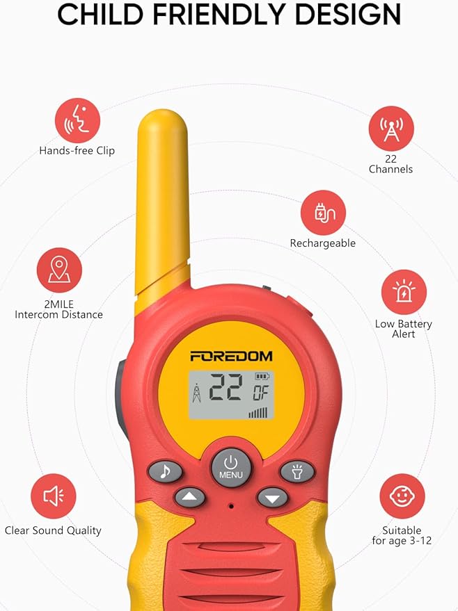 FOREDOM Rechargeable Walkie Talkies for Kids Walkie Talkies Long Range for Boy & Girl Age 3 to 12 Year Old Birthday Toys - 2 Pack