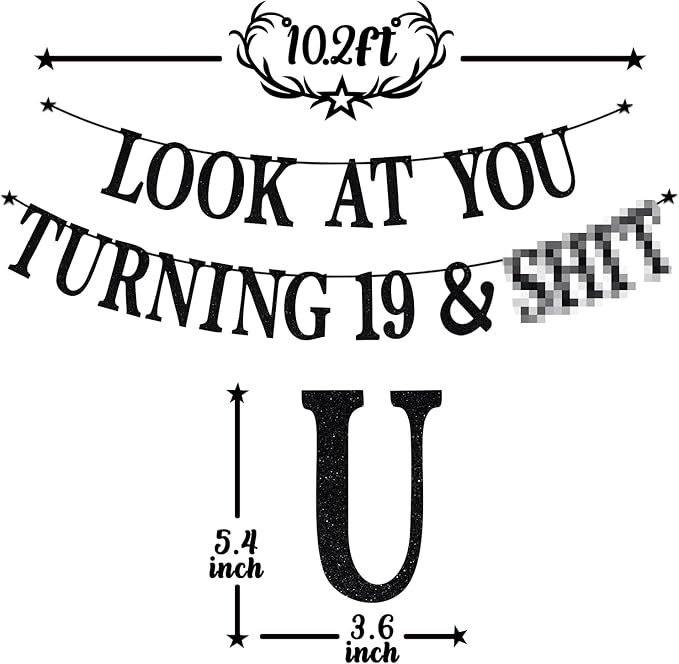 Black Glitter Look at You Turning 19 & Sh*t Banner, Happy 19th Birthday/Level 19 Unlocked/Cheers to 19 Years, Funny 19th Birthday Party Decorations Supplies
