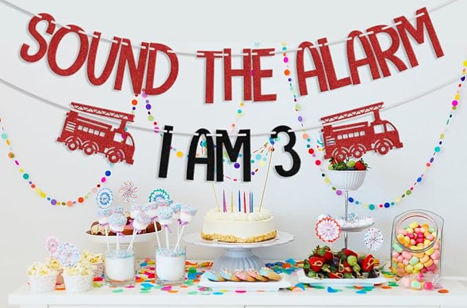 Fire Truck I am 3 Sound The Alarm Banner, Fire Truck 3rd Birthday Decorations, Firefighter Fire Engine Theme 3 Year Old Birthday Party Supplies Red Black