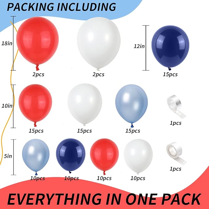 Red Blue White Balloons Arch Garland for Baseball Party Decorations Labor Nautical Balloons Navy Pearl Light Blue Latex Balloon for Hero Birthday Britain Sporting 4th of July Independence Day