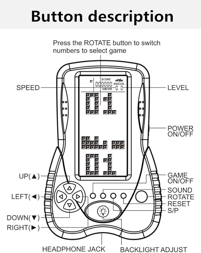 CZT Retro Brick Game Console Big Blue Backlight Screen Built-in 23 Games Tank Battle/Racing Can plug Headphone Nostalgic Puzzle Pocket Handheld Porable Machine Children's toys Christmas Gifts(Black)