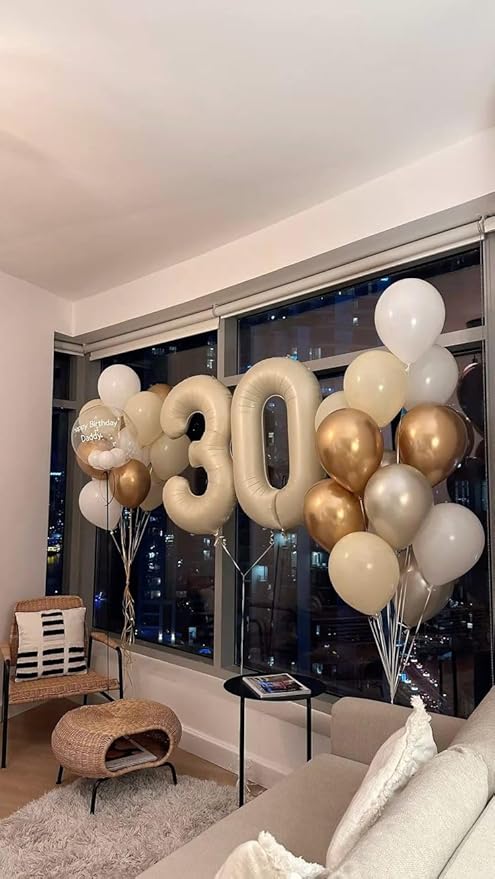 Number Balloons 30, 40 Inch Happy 30th Birthday Decoration for Her Him, Cream Foil Number Balloons for Celebration Engagement Memorial Day's Big Event Supplies