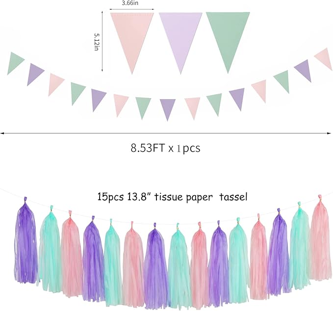 Pink-Purple Mint Mermaid Ocean-Themed Party-Decorations - 23pcs Tissue Pom Poms Streamers,Birthday Tassel Garland Banner,Wedding Engagement Baby Bridal Shower Decor Ouruola