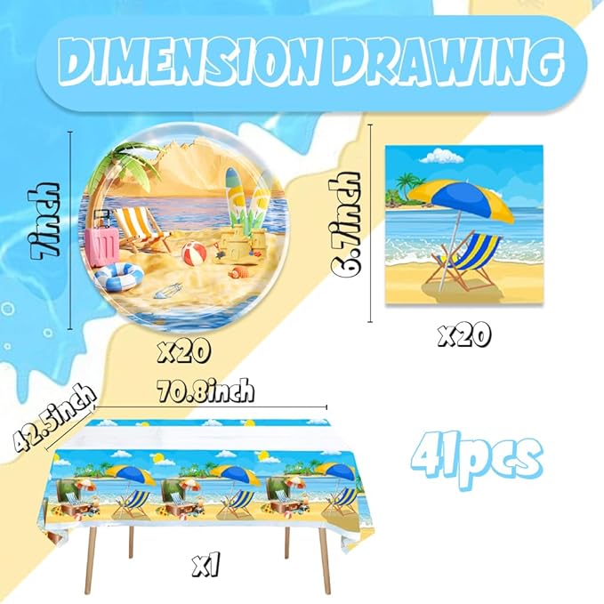 41pcs Summer Beach Party Supplies ,include 20pcs Dessert Plates, 20pcs Napkin and 1pcs Tablecloth,Used for Summer Beach Birthday Party Decoration