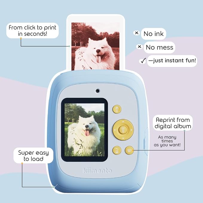 kiimento Instant Print Digital Camera, Ink-Free Thermal Printing with 4 Color-Themed Paper Options, 2.4” HD Screen, Selfie Lens, 48MP Photo, 1080p Video, 32GB Memory Card – Model P2 (Sky Blue)