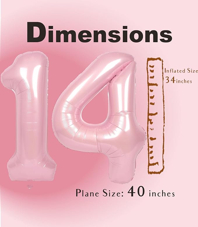 SUWEN 40 Inch Pink Large 14 Number Balloons Big Foil Helium Number Balloons 0-9 Jumbo Happy 14th Mylar Birthday Party Decorations for Girl or Women 41 Anniversary Party Supplies