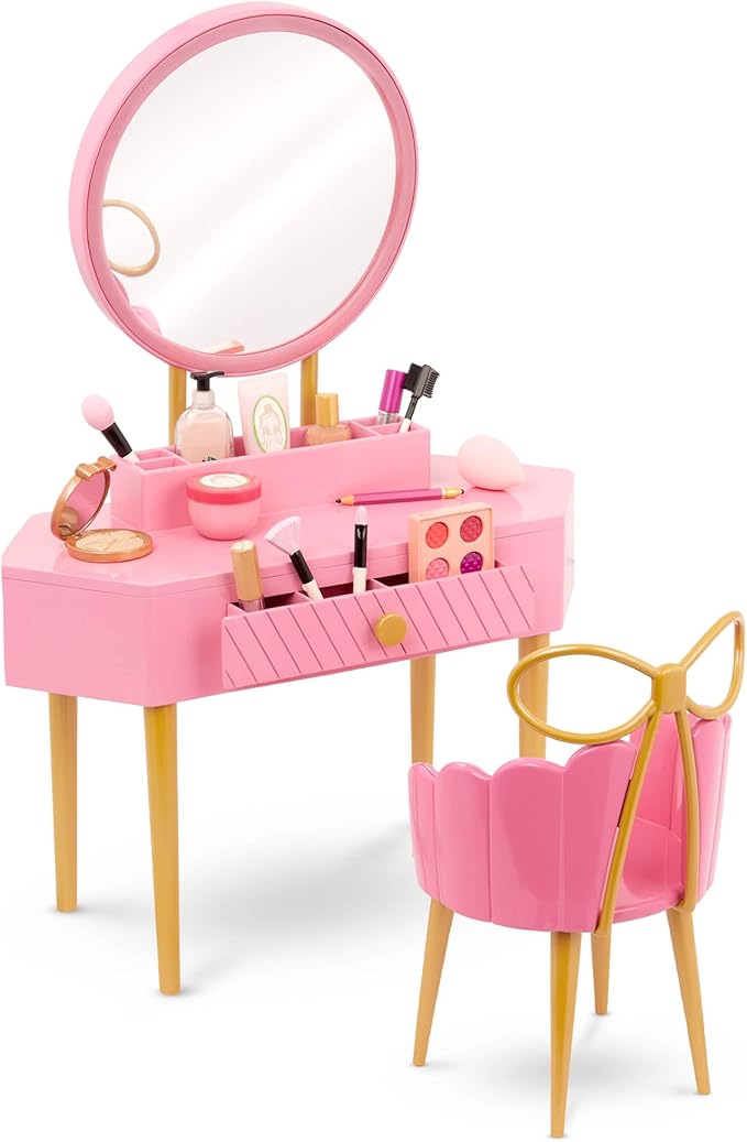 Our Generation - Pink Vanity Table and Chair Set - Makeup & Mirror - 18" Doll Accessories - Imaginative Play - Toys for Kids 3 and Up - Fabulous Play Set of