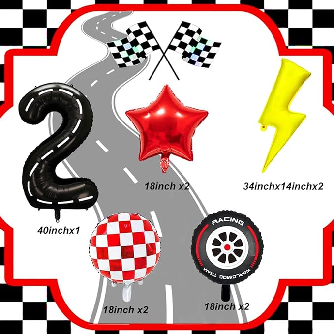 Cartoon Race Car Birthday Party Decorations Large Lightning Bolt Foil Balloon Race Car Balloons 40 Inch Racetrack Number 2 Balloon Black Two Fast Balloons for 2nd Cars Themed Birthday Party Decor