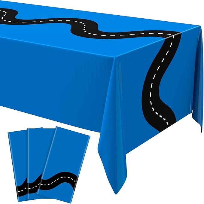 Irenare 3 Pcs Racing Table Cloths Car Birthday Party Supplies 54 x 108 Inch Racetrack Table Runner Covers Disposable Rectangular Road Tablecloth for Kids Boy Car Theme Birthday Party Decor (Blue)