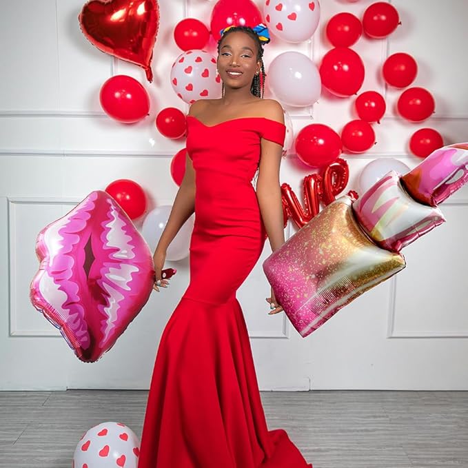 Lipstick Balloon Red Lip Balloon Makeup SPA Decor Girls Pink Princess Party Supplies, 8 Pack Romantic Kiss Bow Balloons (4+4) For Birthday Valentines Galentines Day Wedding Bridal Shower Bachelorette