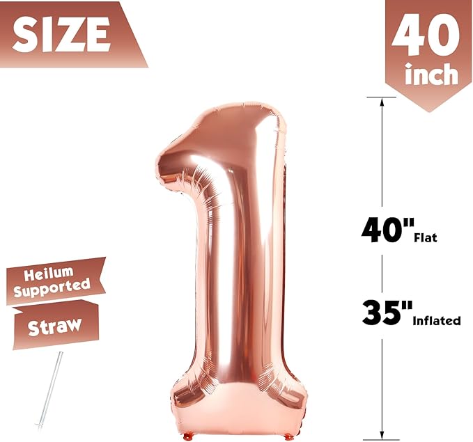 40 Inch Rose Gold Number 1 Balloon, Giant Number 1 Balloons for 11th 12th 21st Birthday Decorations, Party Supplies for Baby Boy Girl, Rose Gold Party Decor