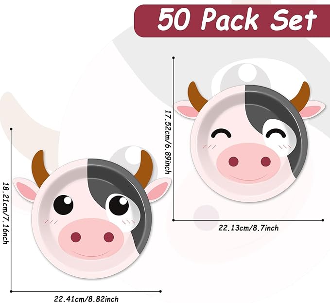 50 Count Cow Paper Plates Cow Print Baby Shower Plates Farm Animal Birthday Disposable Plates Zoo Theme Party Supplies Dinnerware Cow Cake Plates for Gender Reveal Boy Girl Kids Party Decorations