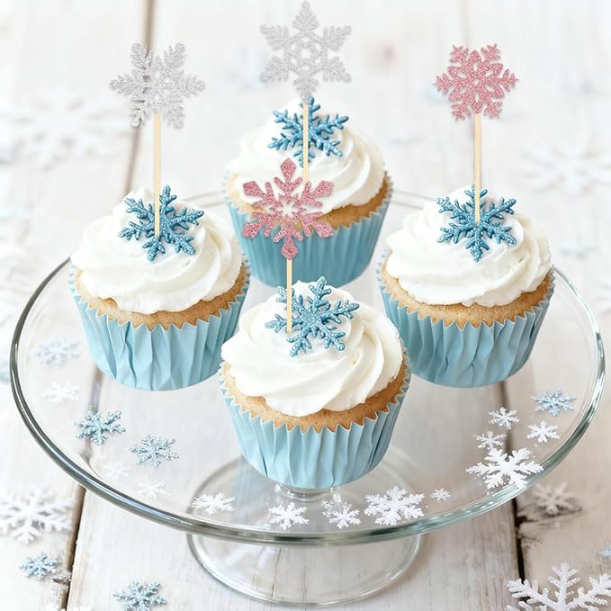 Snowflake Cupcake Toppers, 24PCS Glitter Winter Frozen Cupcake Picks Cake Decorations, Pink and Silver Snowflake Food Picks Topper for Christmas Winter Wonderland Baby Shower Party Decoration Supplies