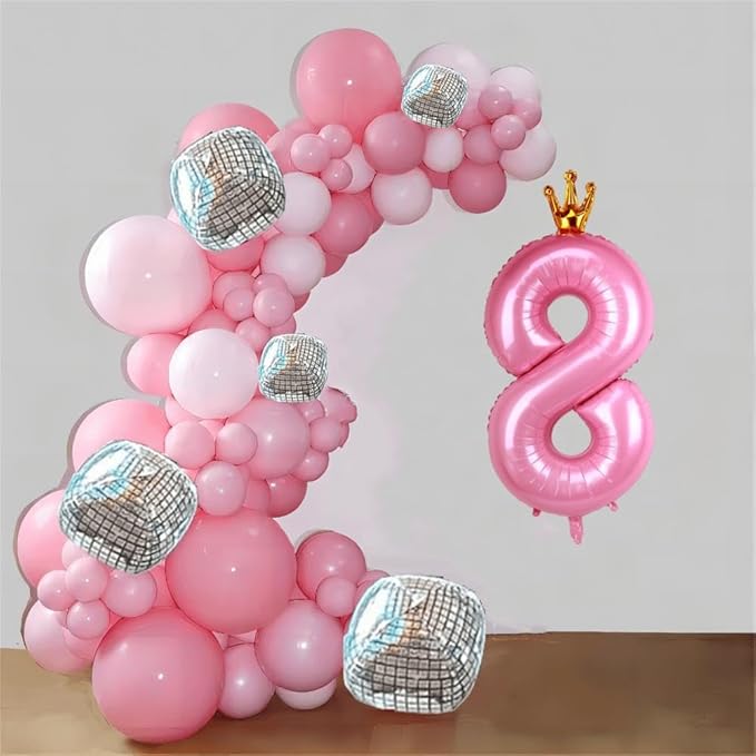 40 Inch Crown Pink Number 8 Balloon, Big Conjoined Baby Foil Mylar Helium Balloon for Girls 8th Birthday Party Decorations Pink Princess Theme Party Supplies Favors Anniversary Decor