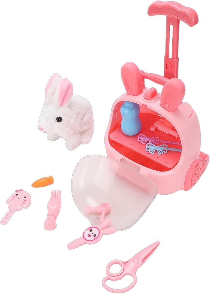 Electric Bunny Toy, Interactive Plush Bunny Toy with Cage, Walking Hopping & Nose Twitching Electronic Pet for Kids