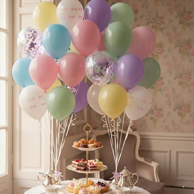 Pastel Bow Balloons Macaron Rainbow Balloon Birthday Decorations, 55 Pcs 12 In Pastel Colorful Pink Bows Print Balloon Blue Purple Yellow Confetti Balloon for Kids Girls Princess Easter Bridal Shower
