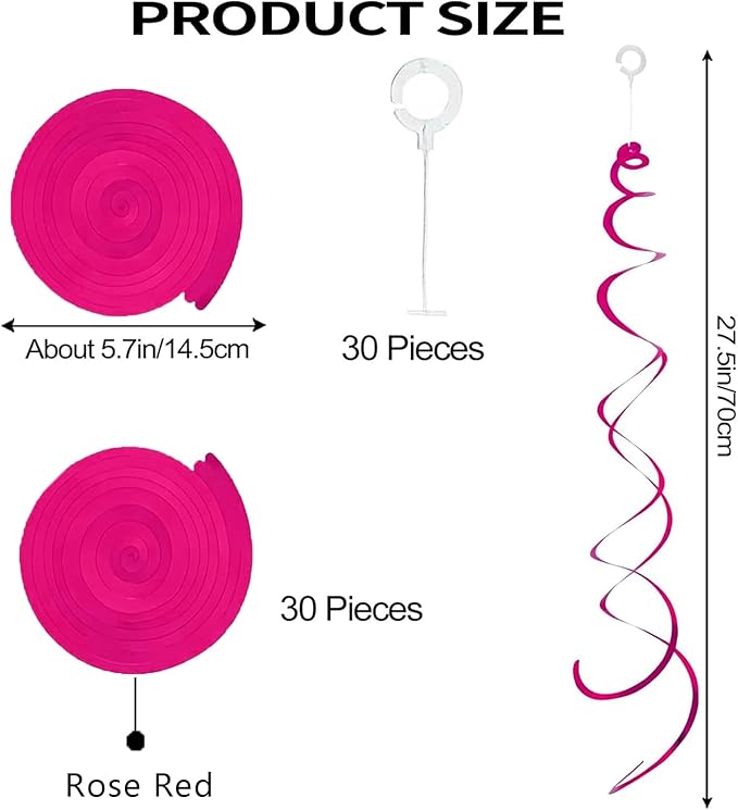 30 Pieces Hanging Swirl Party Decorations Ceiling Spiral Plastic Streamer for Birthday Graduation Wedding Celebration Baby Shower Party（Rose red）