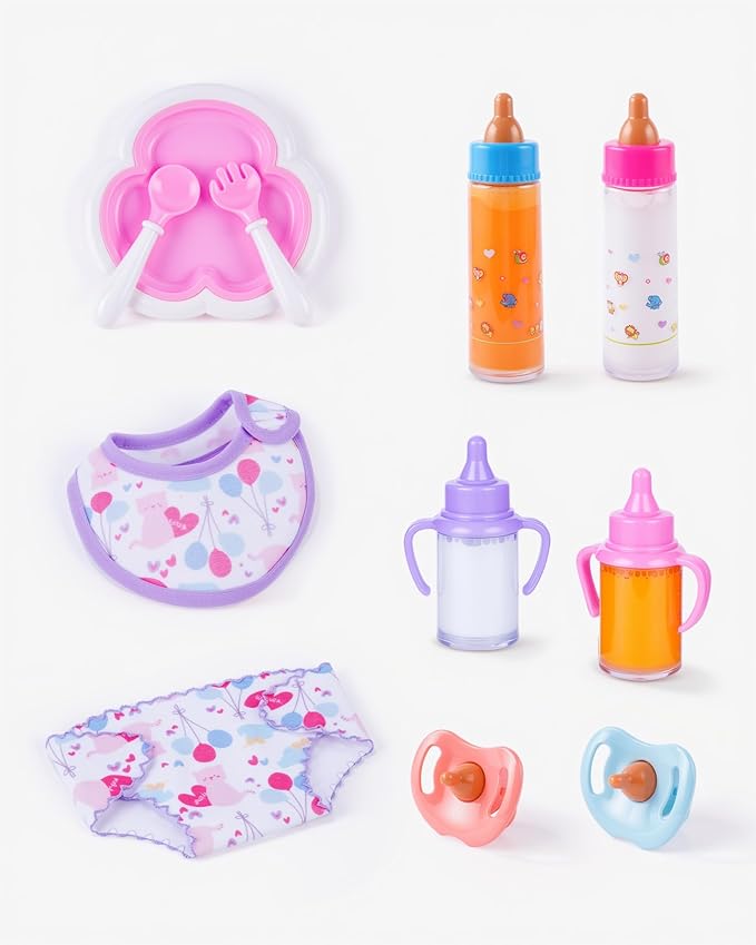 BABESIDE 11 Pcs Baby Doll Accessories Set - Baby Doll Bottles, Diapers, Pacifiers, Bib, Plate - Baby Doll Stuff & Toys for Little Girls