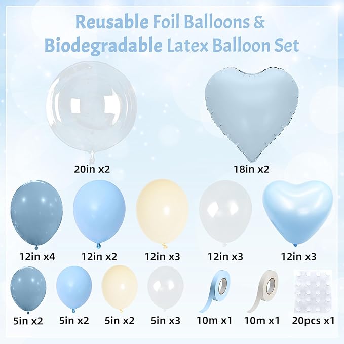 Baby Light Blue Cream Balloons Party Decorations, 20 Inch Bobo Pale Pastel Blue and White Sand Balloons Heart Mylar Shape Balloon, OH Baby Shower Foil Balloon as Boys Girls Birthday Decor