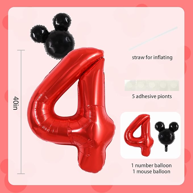Vuzvuv 40 Inch Mouse Number Balloon No.4, Black Mouse Head Balloon and Red Giant Giant Number Four Balloon for Birthday, Mouse Theme Party Supplies, Baby Shower,Anniversary Decoration