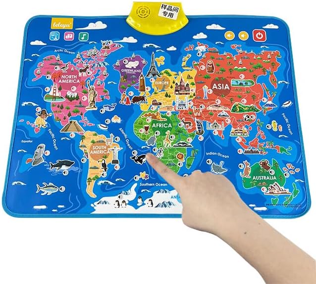 Educational Talking Wall Chart English World Map for Kids Interactive Music Poster with Words Animals Landmarks Montessori Learning Toy Gifts for Toddlers Preschoolers 2-4